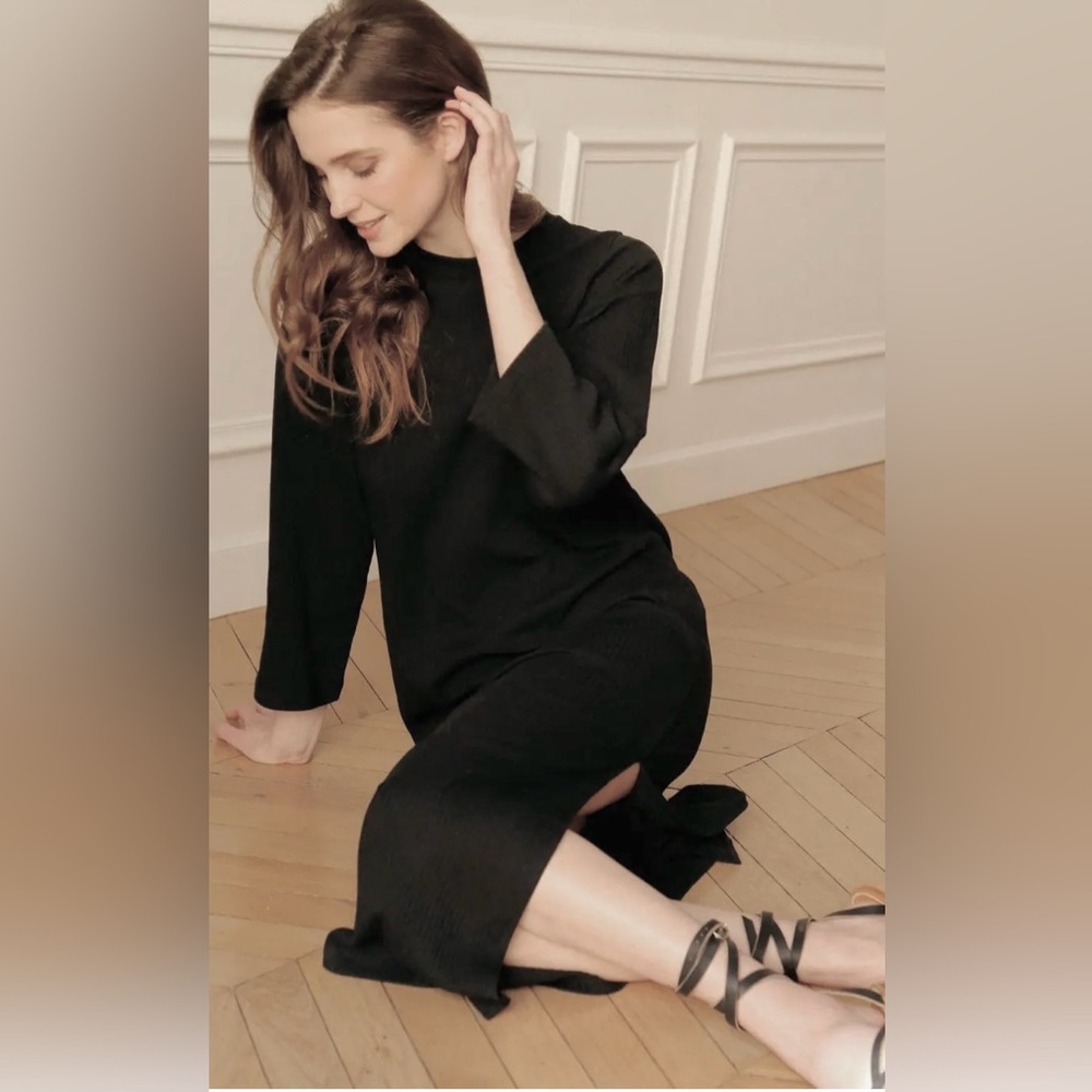 Rosae Paris Le Vivienne Midi Dress Black Knit Ribbed Leg Slit EU size 38 = US 6